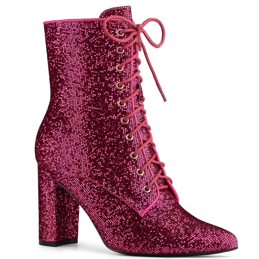 ALLEGRA K Fuchsia Pink Glitter Lace-Up Pointed Toe Block Heel Ankle Boots, 9
